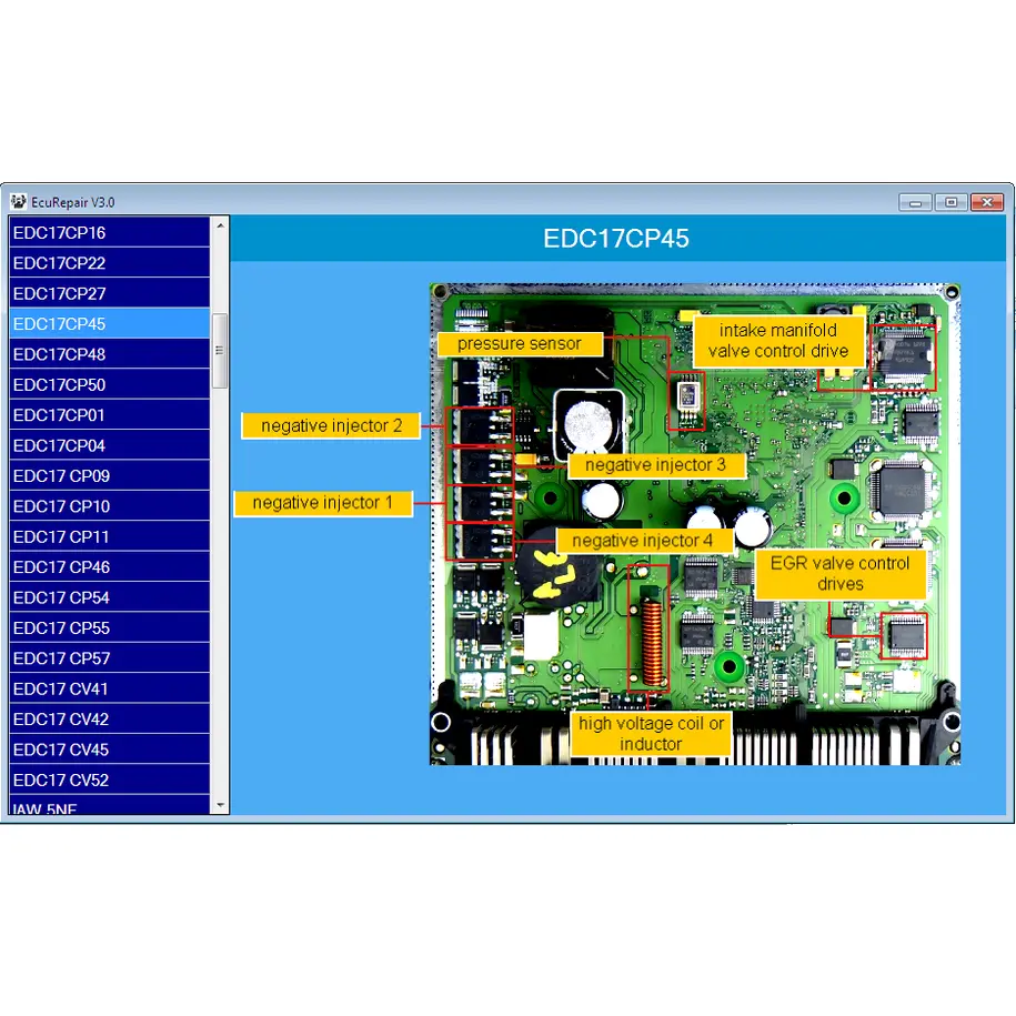 EcuRepair V3.0 software displaying component location and board layout for EDC17C54 ECU